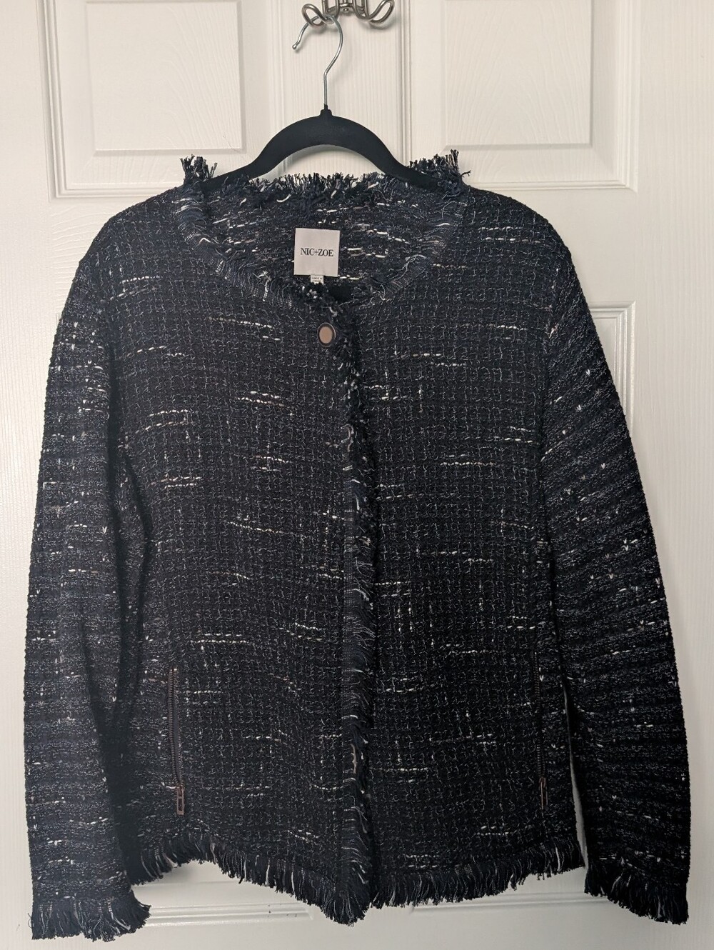 NIC+ZOE Black Tweed Fringe Cardigan Jacket